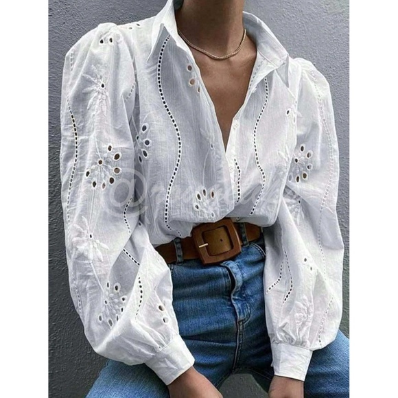 Rouge! Tops - White Boho Eyelet Shirt, French Style Collar Button Front, Eyelet Embroidery